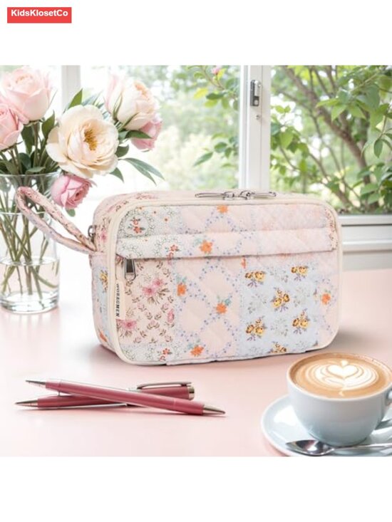Other - Quilted Pencil Pouch with Compartments, Large Aesthetic Pencil Case Organizer